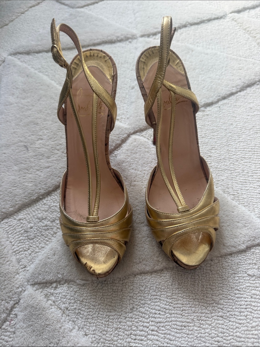 Christian Louboutin Metallic Gold Slingback Peep-Toe Heels